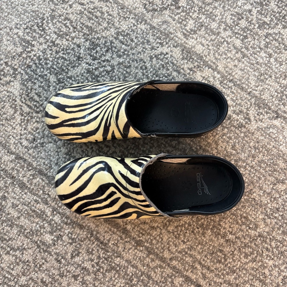 Dansko Zebra Print Mules in Black and Cream - Picture 2 of 7